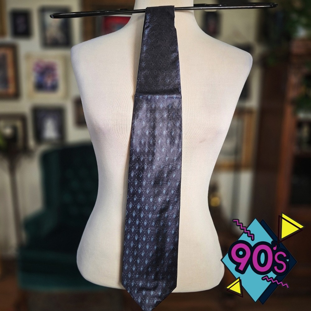 Structure Silk Tie Vintage 90s Mens Blue Geometric Diamond Necktie Made in USA